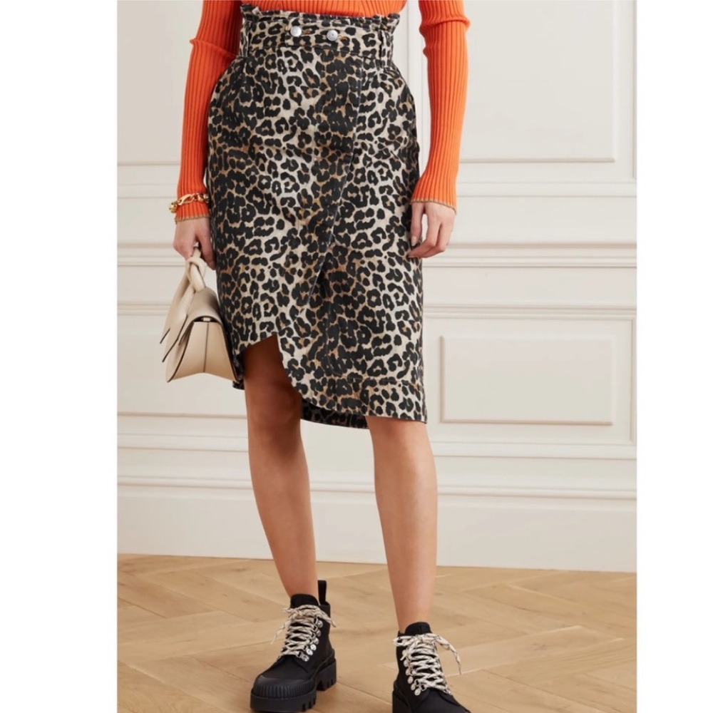 Ganni asymmetrical leopard print denim wrap skirt